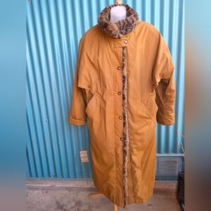 Women's Foxland Petite Tan Long Coat with Faux Fur Trim Size 8
